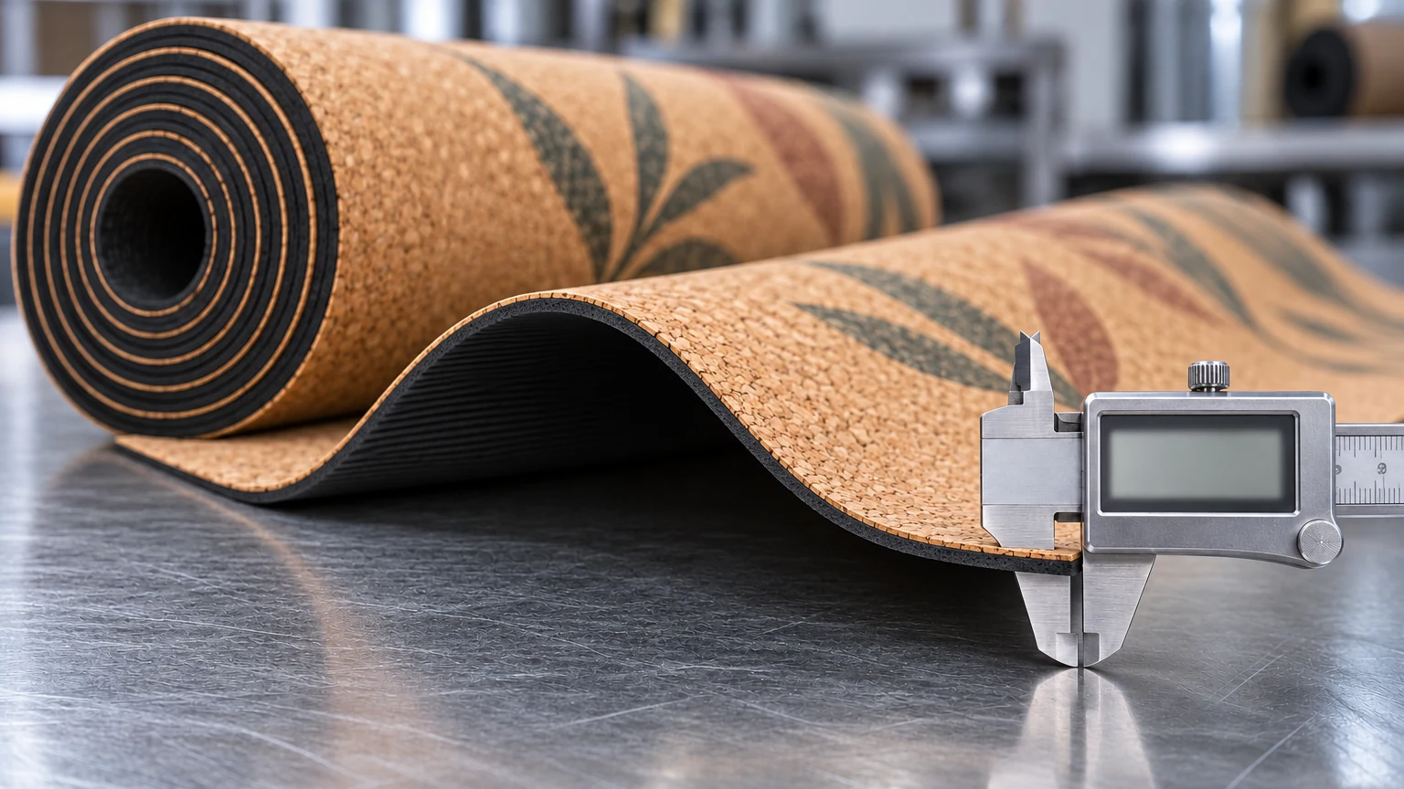 Cross-section of a cork yoga mat edge showing cork surface layer bonded to dark rubber base