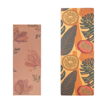 Two cork yoga mats in different sizes, featuring floral and tropical designs, demonstrating size customization options.