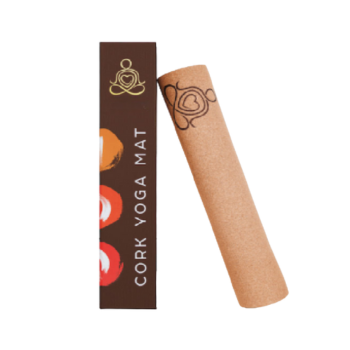 A cork yoga mat with branded eco-friendly packaging, including a custom-designed paper tube.