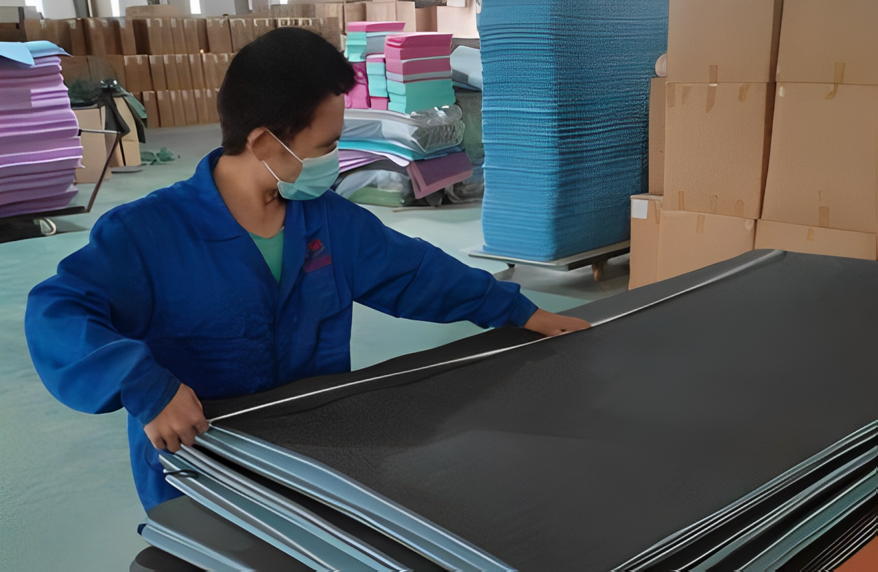 A factory worker sorting TPE yoga mats, ensuring uniform thickness and durability for large-scale production.