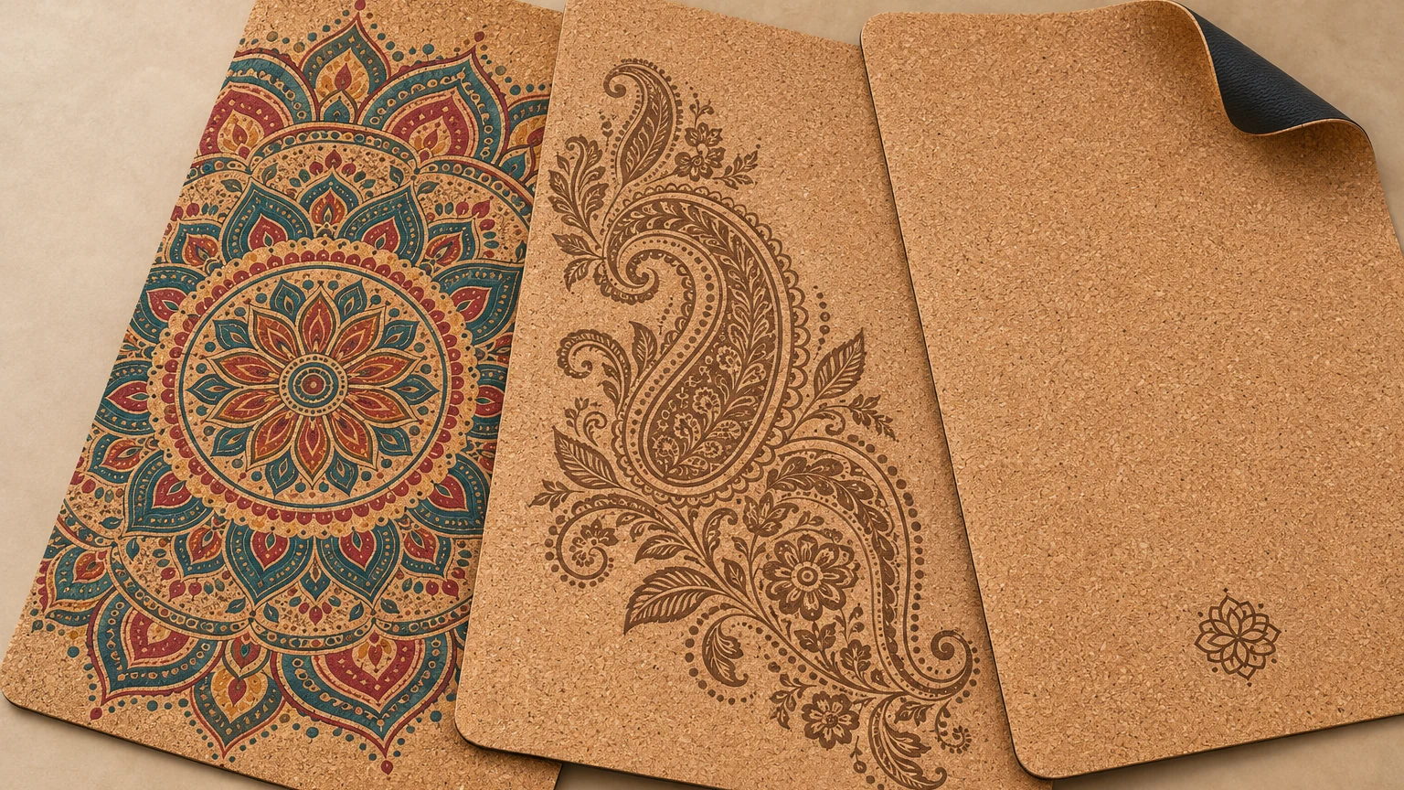 Three printed cork yoga mats showing full-color, single-tone and laser-engraved design approaches