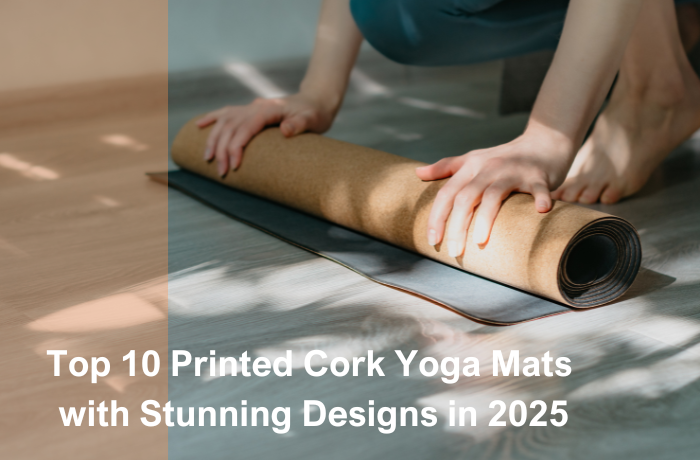 person rolling up printed cork yoga mat with natural sunlight on wooden floor