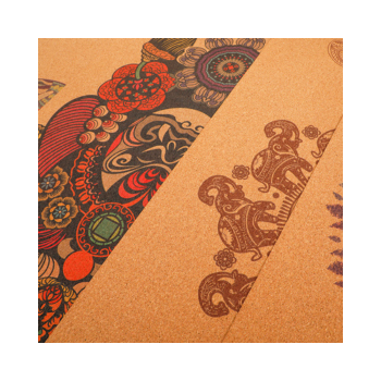 Close-up of a cork yoga mat with intricate printed patterns, showcasing logo customization options.