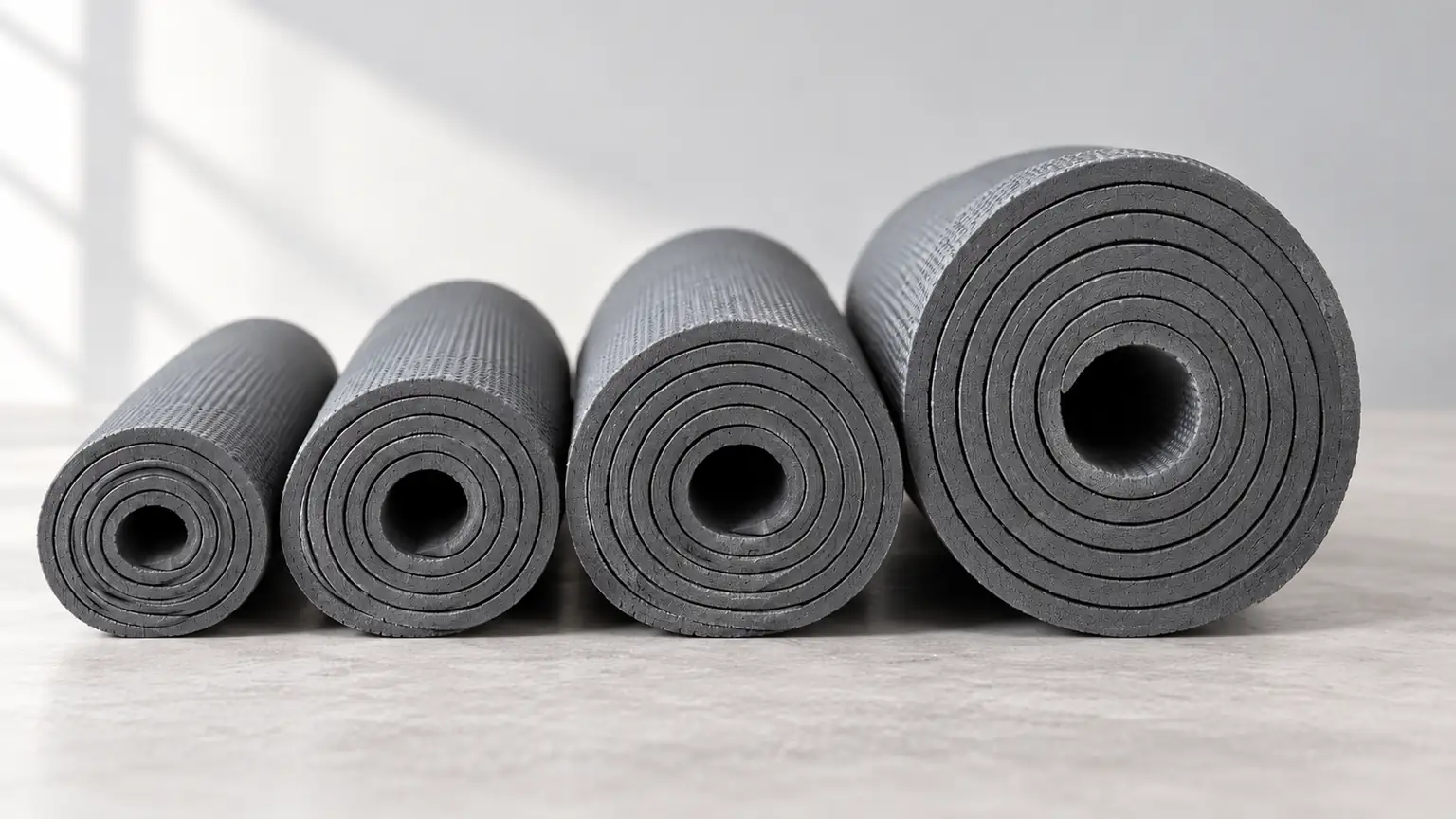 Four rolled yoga mats end-on in increasing diameter from thin to thick, with a caliper