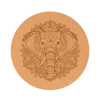 A round cork yoga mat with a detailed elephant mandala design, showcasing custom shape options for branding.
