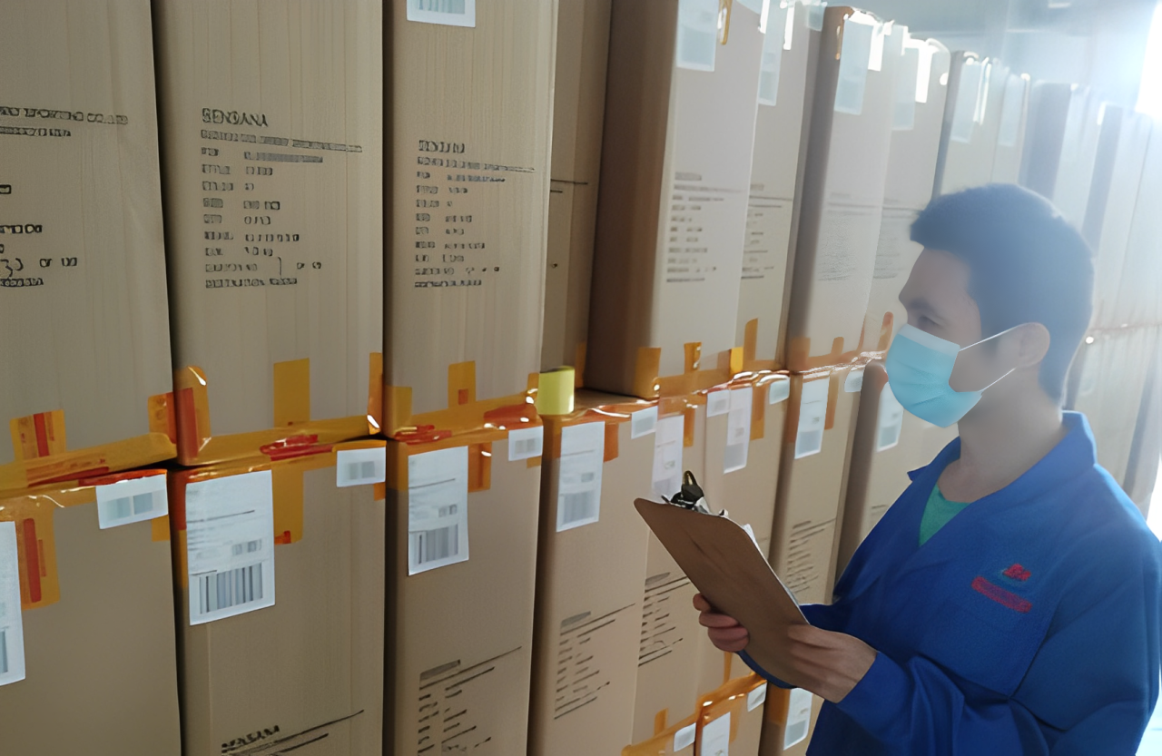 A quality control specialist inspecting packaged TPE yoga mats before shipment to ensure perfect delivery.