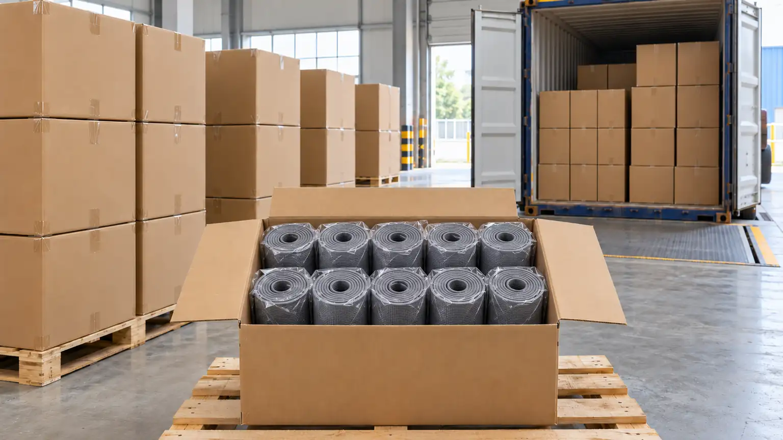 Open export carton of polybagged rolled yoga mats with stacked cartons and a half-loaded container behind