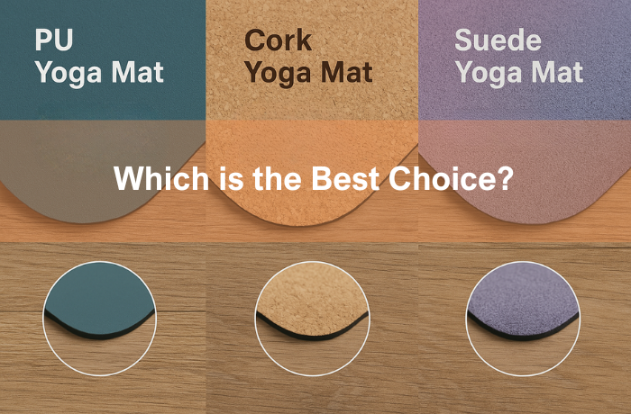 Comparison of PU, Cork, and Suede yoga mats showing color, texture, and base materials.