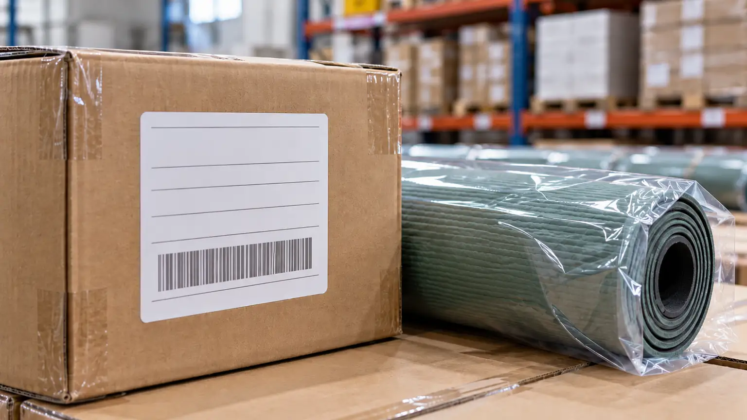 Export carton with a blank batch label beside a polybagged yoga mat with a product tag