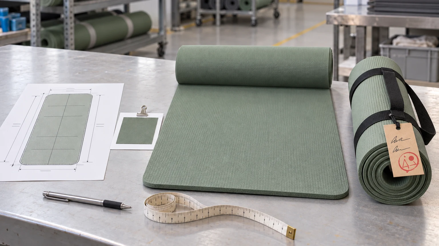 Yoga mat technical drawing, color swatch, sample mat and signed golden sample laid out on a QC desk