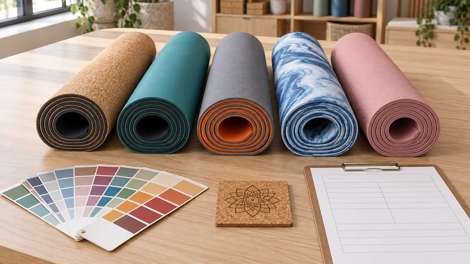 Rolled custom yoga mats in cork, PU, TPE and marbled finishes beside a color swatch card and spec form
