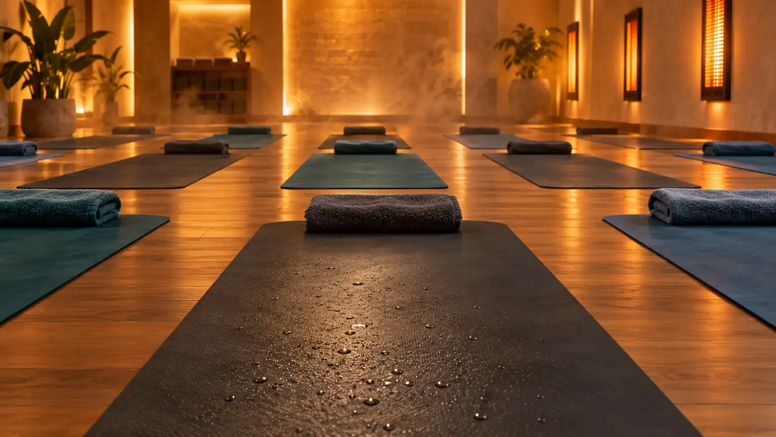 Rows of dark PU yoga mats with folded towels on the wooden floor of a warm hot yoga studio