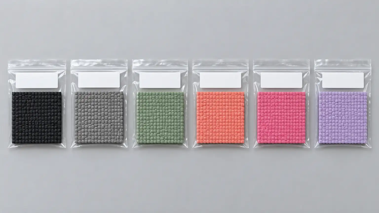 Six bagged TPE yoga mat swatches in different colors laid out in a row for testing