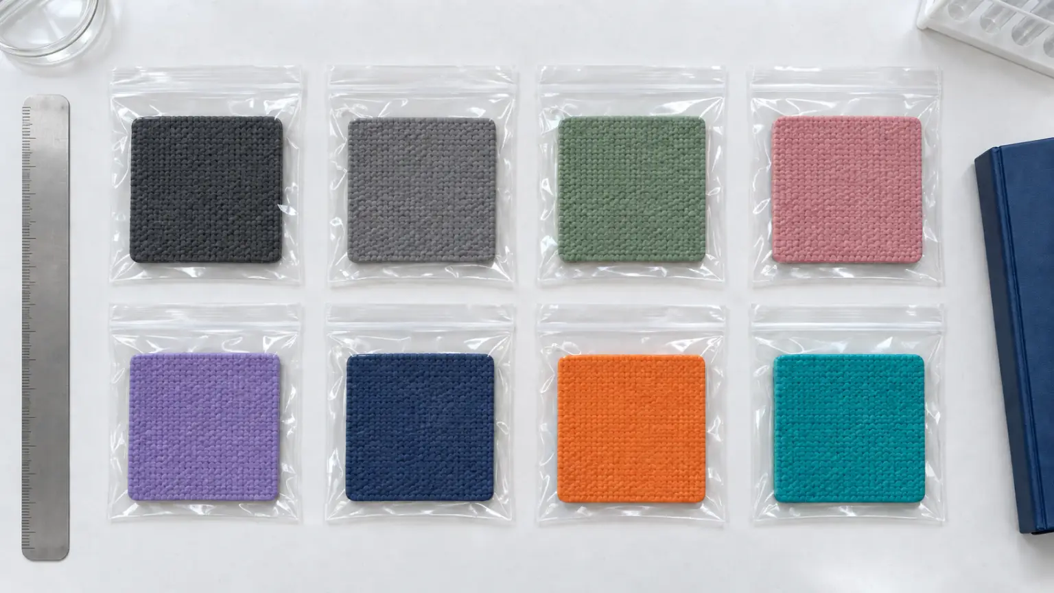 Colored TPE yoga mat swatches in sealed sample bags laid out for compliance lab testing