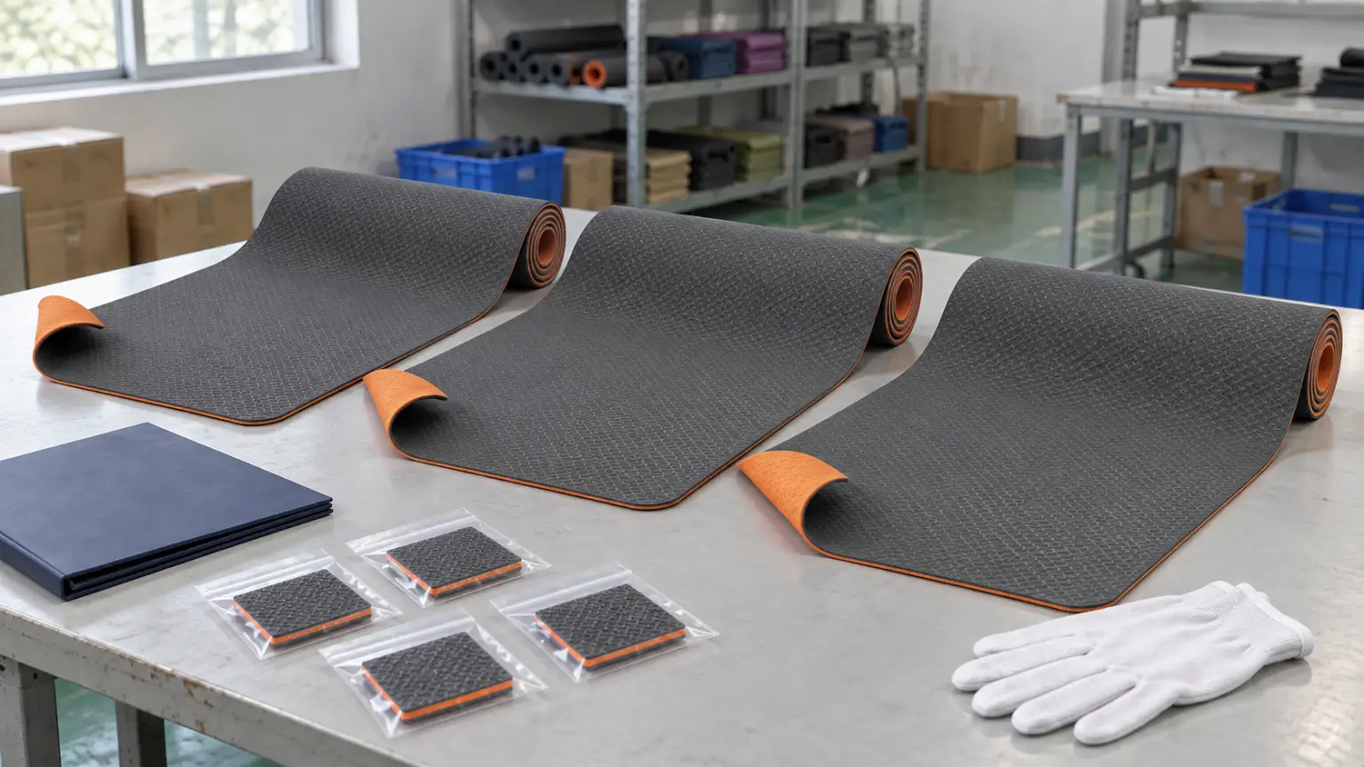 Rolled two-tone TPE yoga mats on a quality-control bench beside sealed test sample swatches