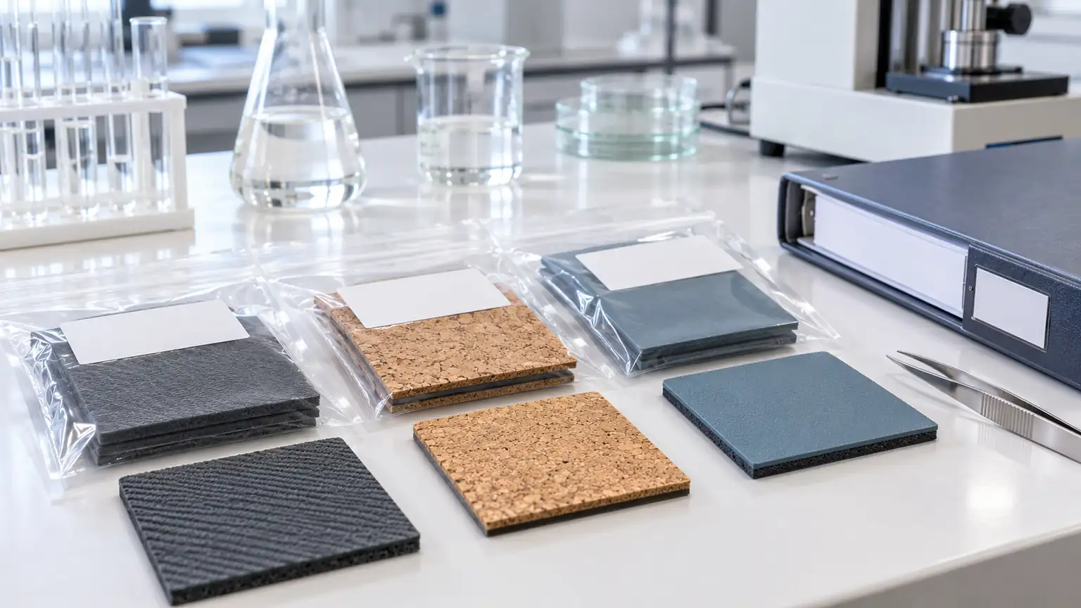 Yoga mat material samples in sealed bags with blank labels on a laboratory testing bench