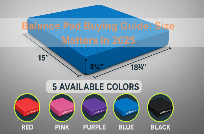 Balance pad size guide with dimensions and five color options displayed