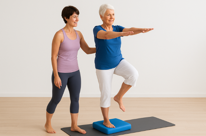 Senior woman doing balance training on foam balance pad with trainer.

