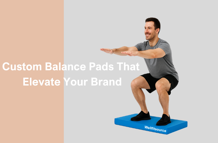 Man performing squat exercise on a blue custom-branded balance pad.