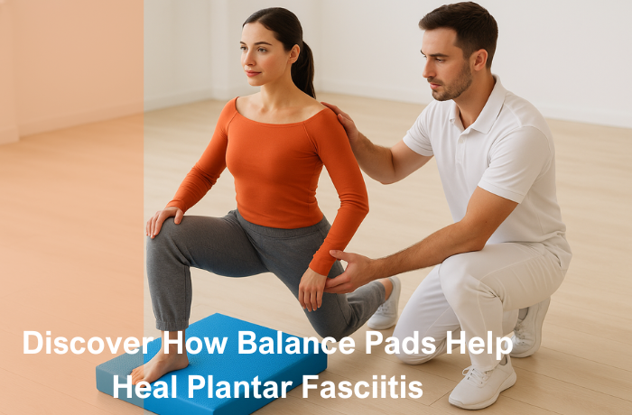 Physical therapist guiding a woman using a blue balance pad for plantar fasciitis recovery