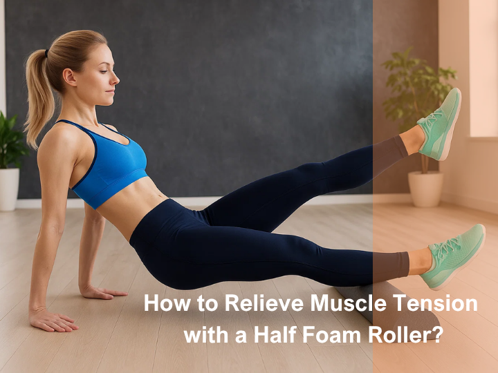 Woman performing leg lift exercise with a half foam roller for core activation.