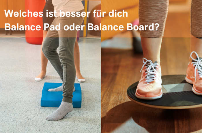 Zwei Personen beim Training – links auf einem Balance Pad, rechts auf einem Balance Board