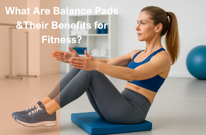 Woman using a balance pad for core training in a modern fitness studio