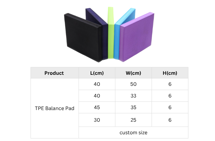 Stack of multicolor 6 cm balance pads alongside a size specification table

