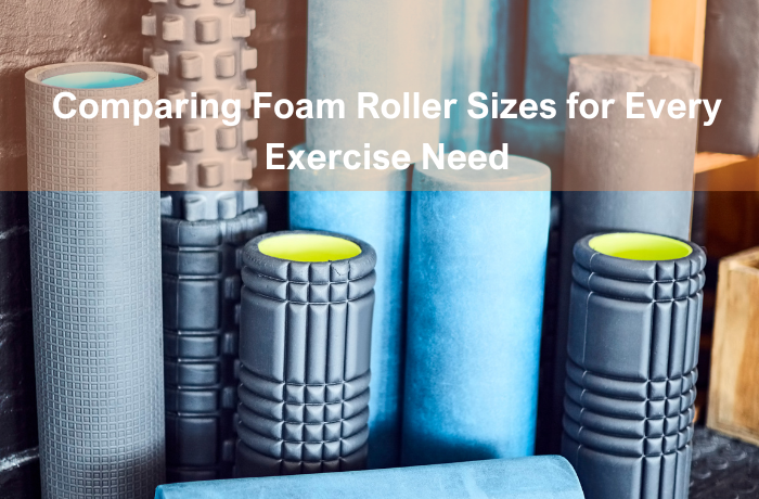 Various types of foam rollers in different textures and sizes standing upright.