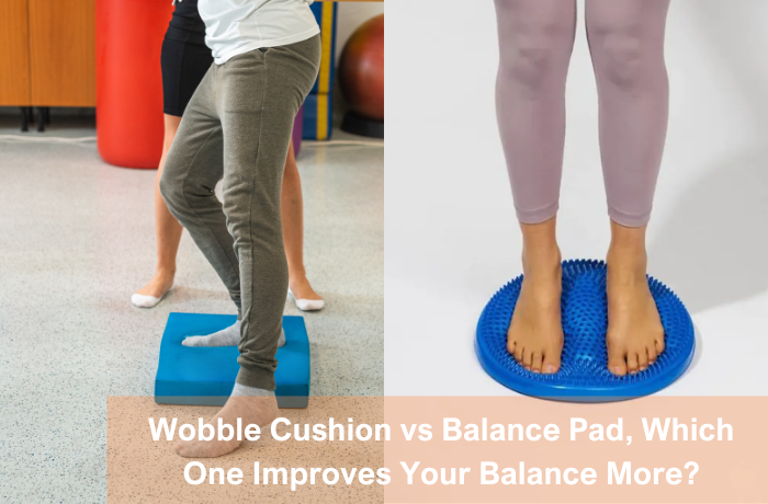 Person standing on balance pad and another on wobble cushion for stability training