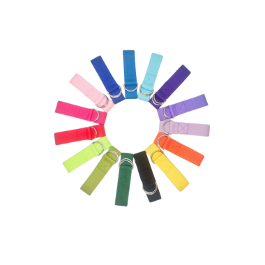 Assorted yoga straps in a rainbow of colors arranged in a circular display