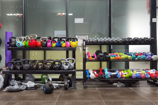 Colorful kettlebells and dumbbells displayed on gym storage racks
