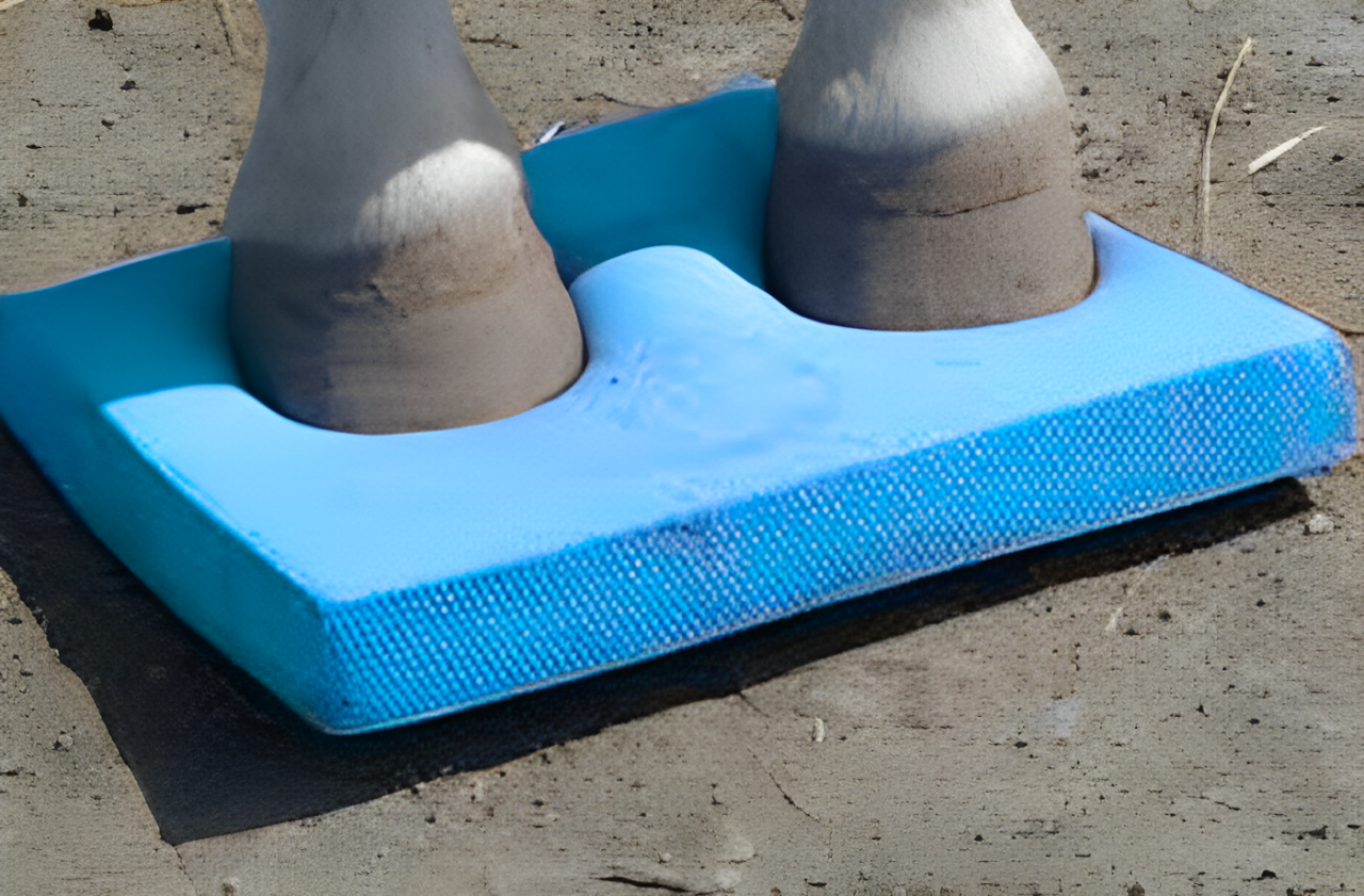 Close-up of a horse’s front hooves on a dual-hoof blue balance pad