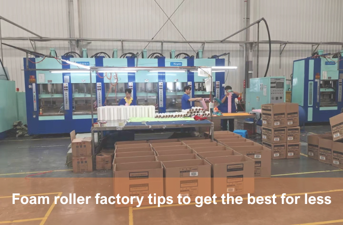 Workers packing foam rollers into cardboard boxes on a production line in a factory.