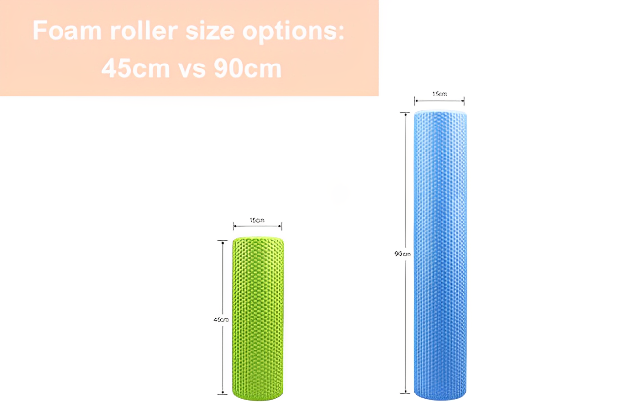 Diagram comparing two foam roller sizes—45 cm (green) and 90 cm (blue) cylinders, each 15 cm in diameter