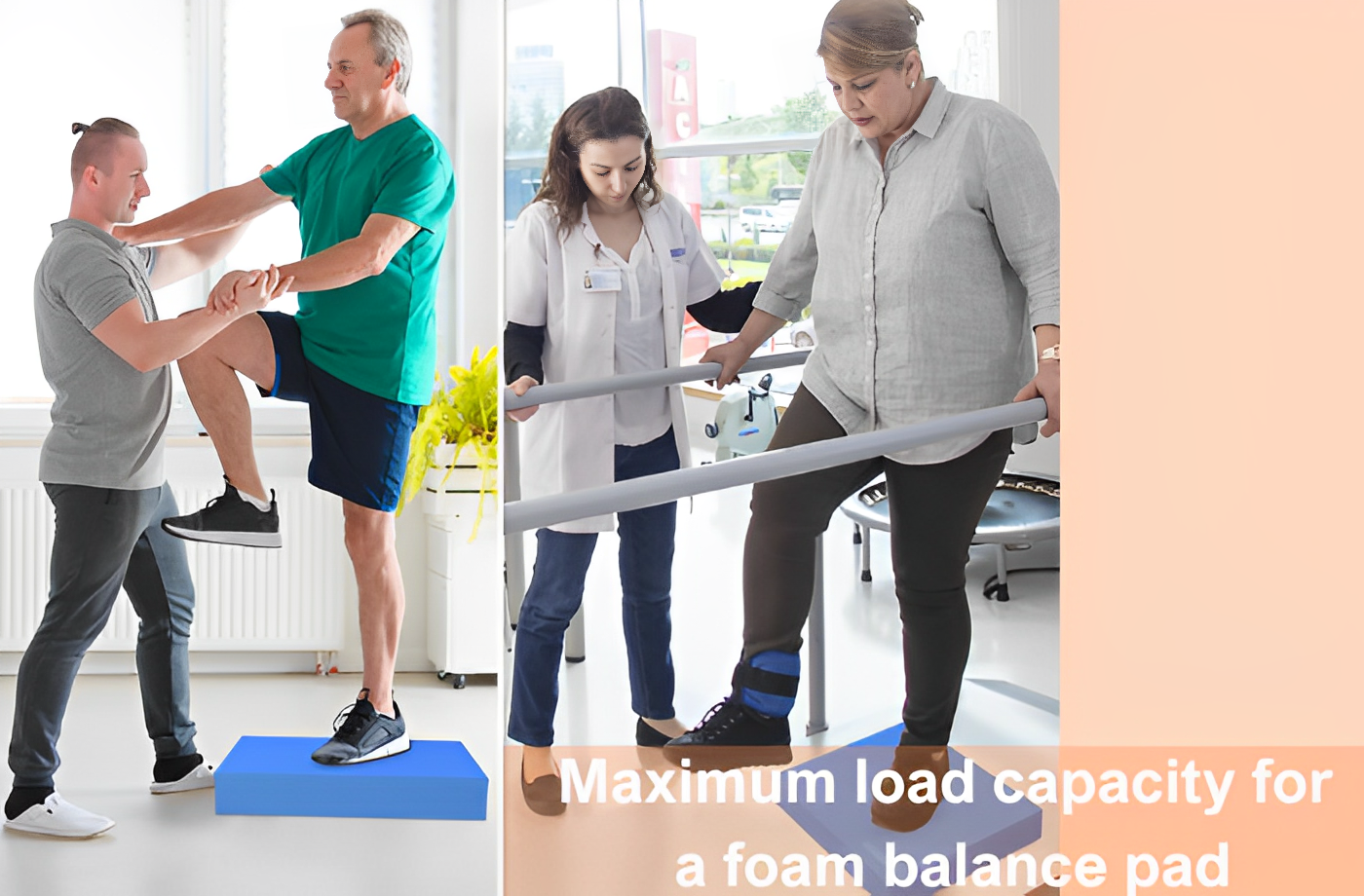 Physical therapy patients testing maximum load on a foam balance pad.