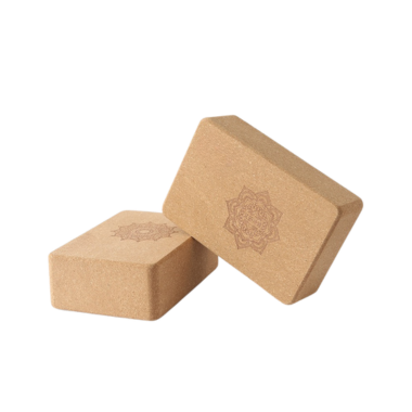 Pair of natural cork yoga blocks with laser-etched mandala design