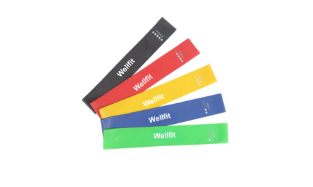 Set of 5 resistance bands in different colors with "Wellfit" branding