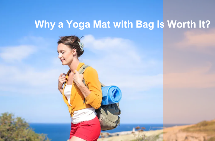 Woman carrying blue yoga mat secured to her backpack on an outdoor trail