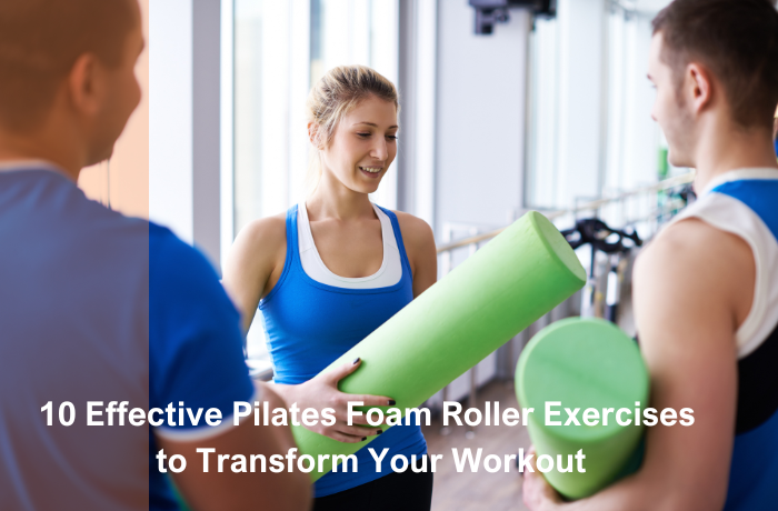 Woman handing a green Pilates foam roller to a friend in a bright fitness studio
