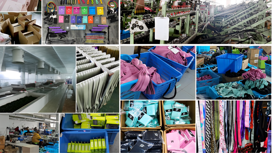 Production and processing of resistance bands in a factory setting, showcasing various stages from raw material preparation to final packaging.