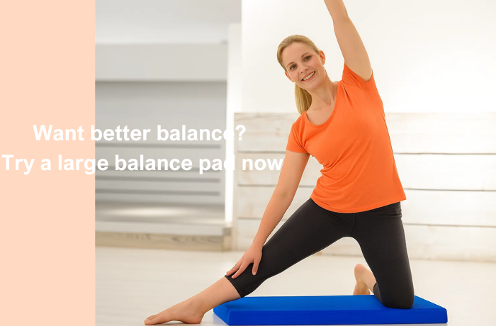 Woman kneeling side-stretch on a large blue balance pad to enhance flexibility and joint support