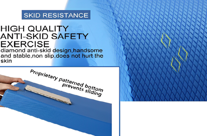 Close-up of textured surface and bottom grip of blue foam balance pad