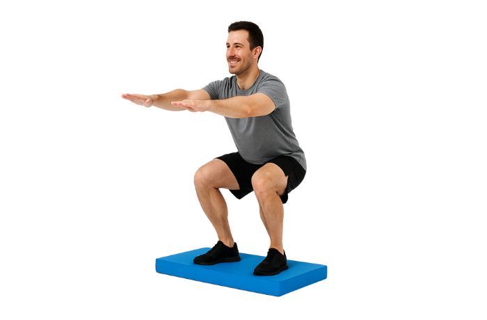 Man performing squat on a large blue foam balance pad to improve stability and muscle engagement