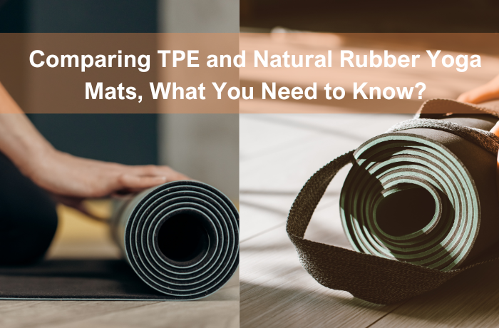 Side-by-side close-ups of a grey TPE yoga mat and a green natural-rubber yoga mat, both being rolled by a practitioner