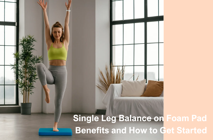 Woman performing tree pose on a blue foam balance pad in a bright studio
