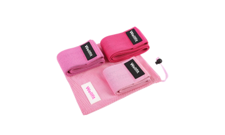 A set of pink hip resistance bands in different levels of resistance, neatly arranged with a storage pouch.