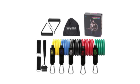 Multi-color resistance loop bands with handles and a carry bag.
