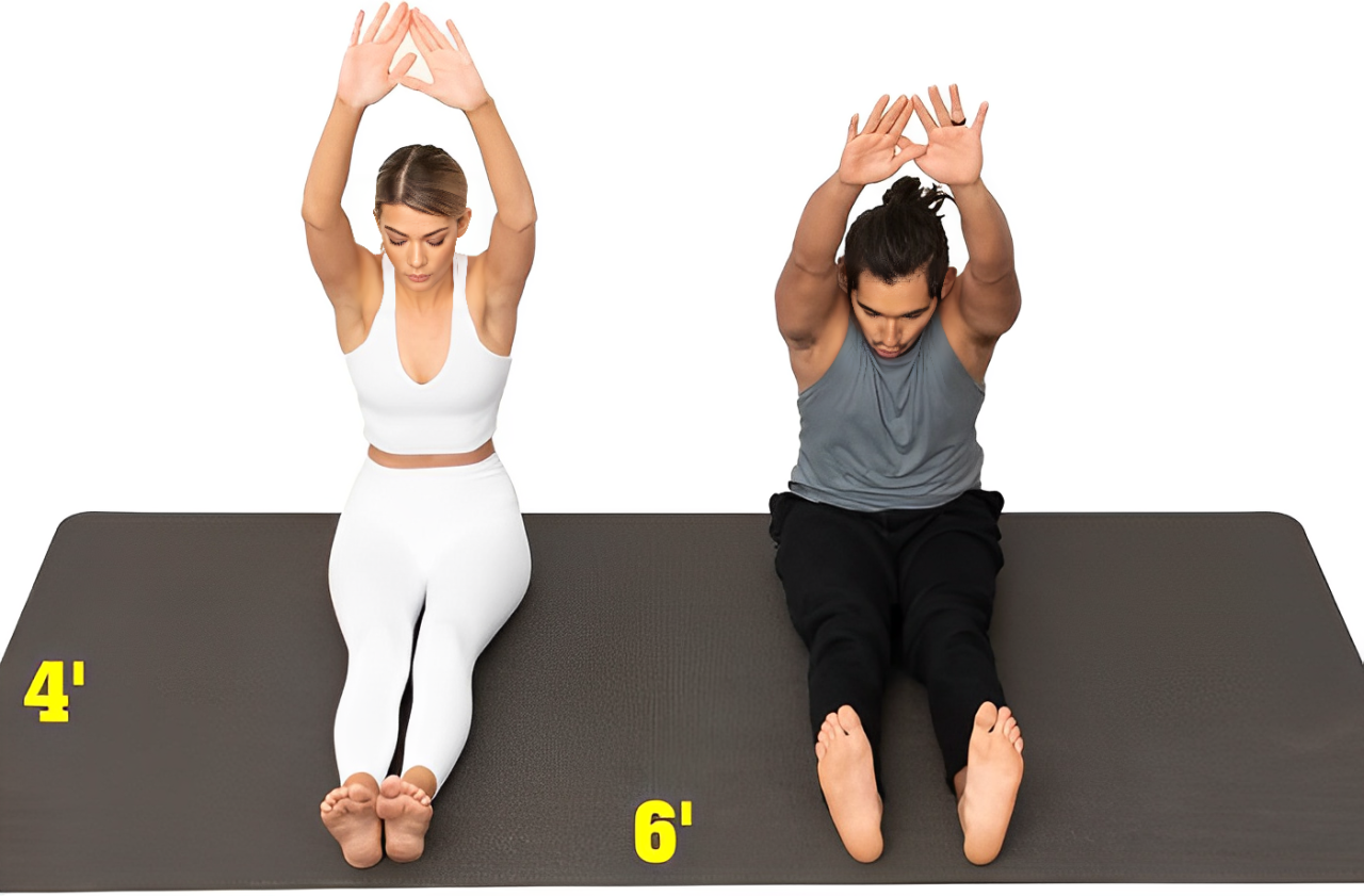 Man and woman demonstrating space difference between 4-foot and 6-foot yoga mats