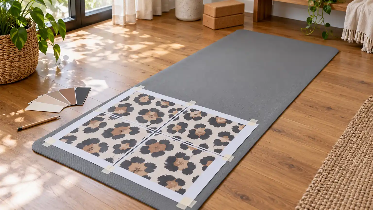 Paper printouts of a leopard pattern at full scale taped onto a yoga mat on the floor with color chips